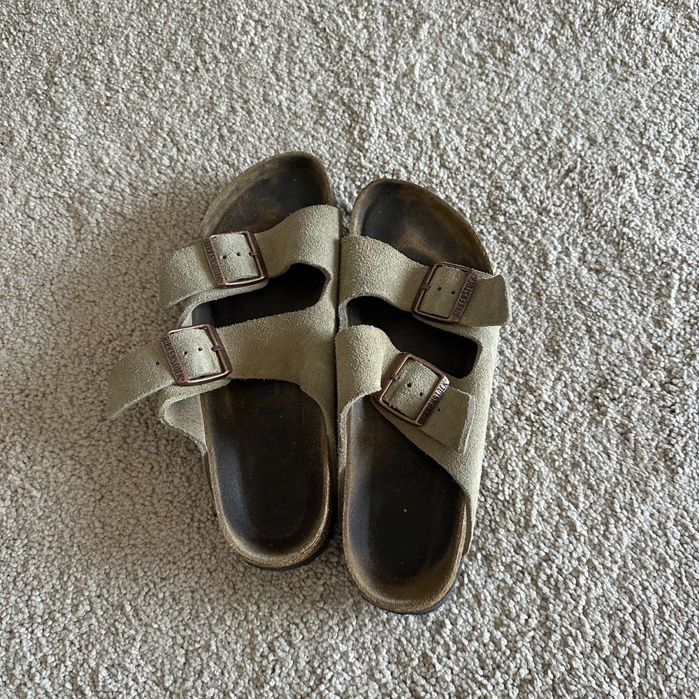 Birkenstock Arizona Soft Bed Women’s Suede Double Strap Sandals in taupe suede
